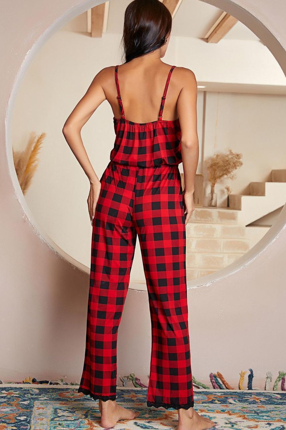 Plaid Lace Trim Spaghetti Strap Jumpsuit - Ryzela