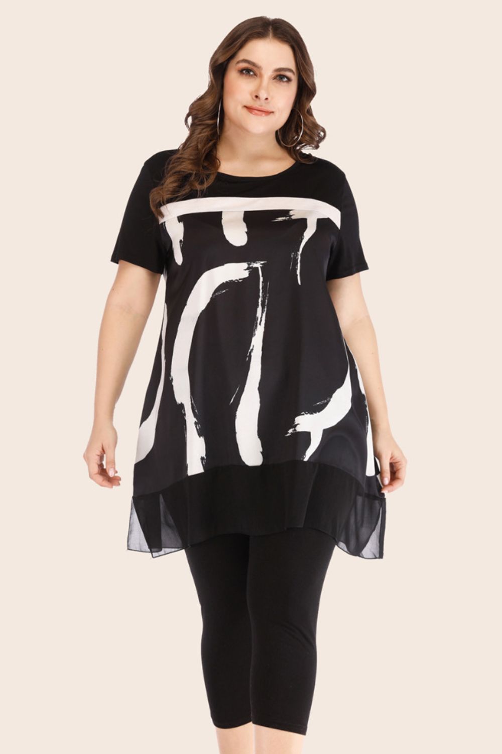 Plus Size Contrast Spliced Mesh T-Shirt and Cropped Leggings Set - Ryzela