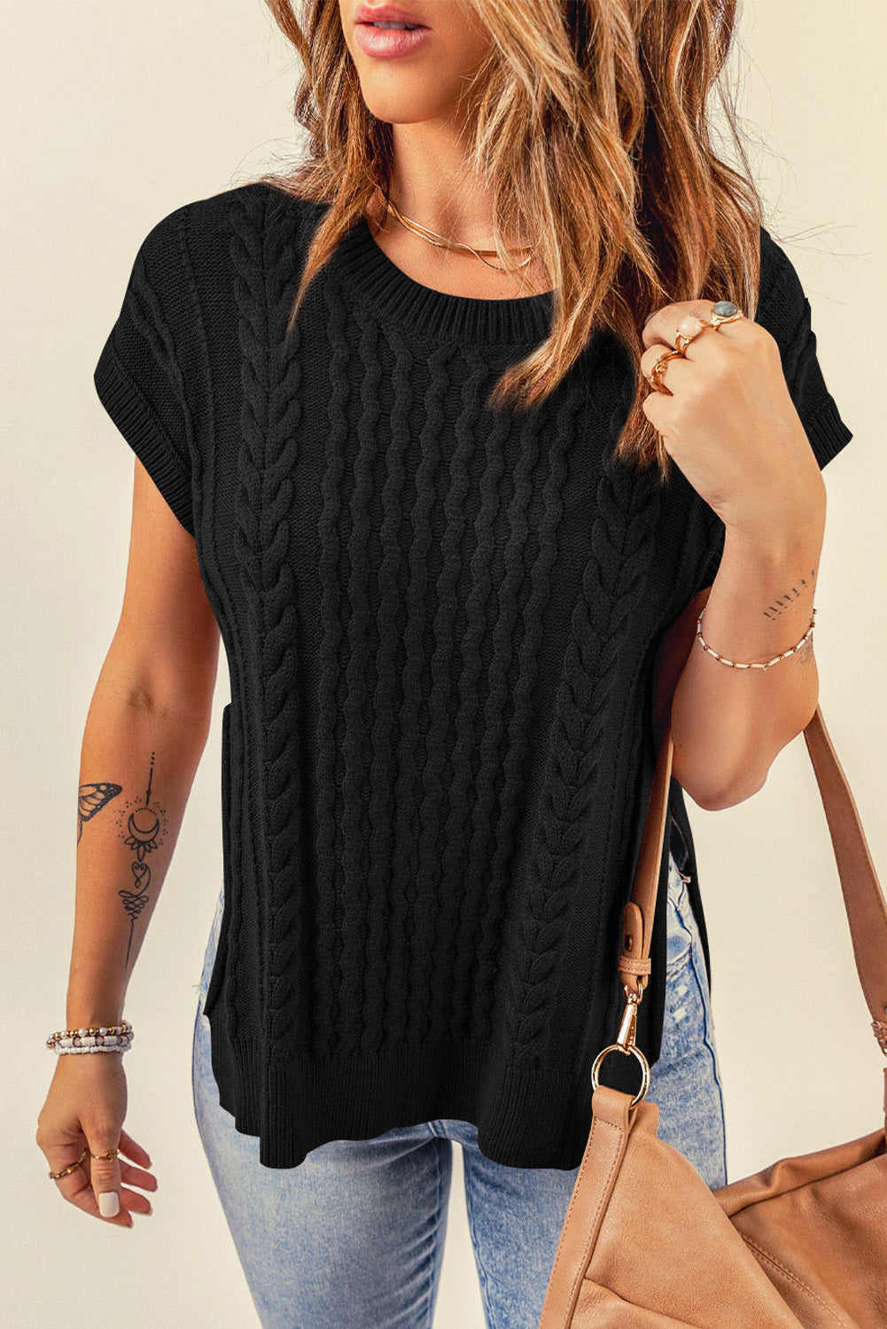 Cable-Knit Side Slit Sweater Vest - Ryzela