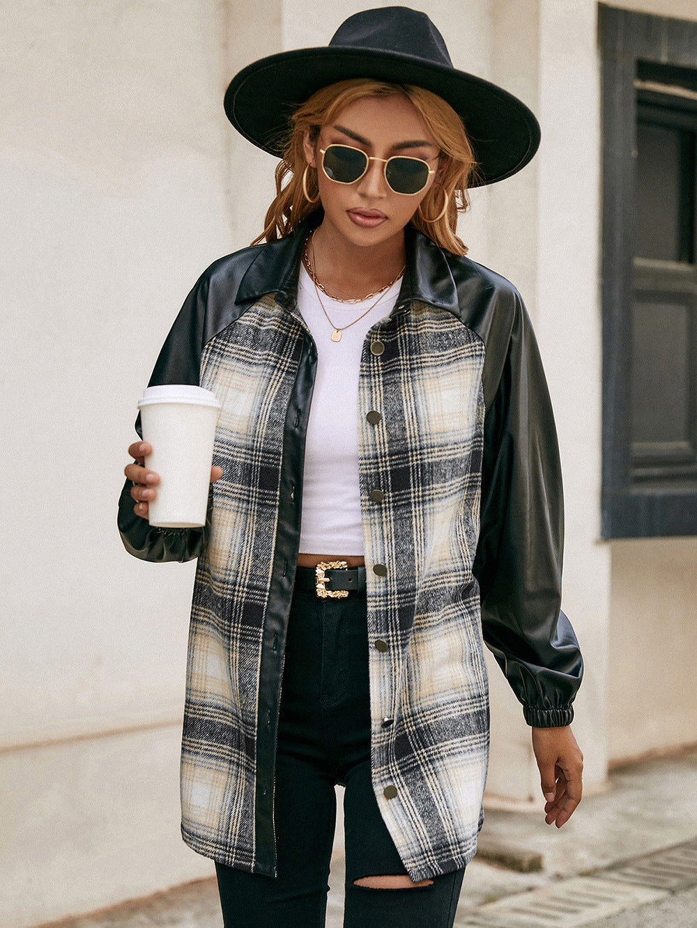 Plaid Button Down Raglan Sleeve Jacket - Ryzela