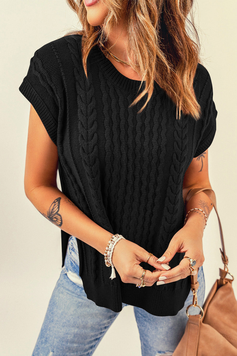 Cable-Knit Side Slit Sweater Vest - Ryzela