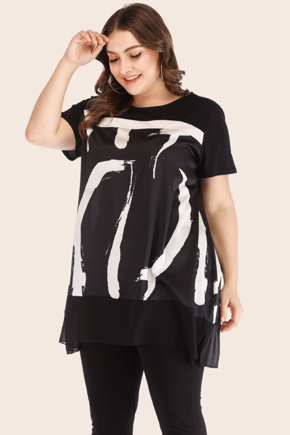 Plus Size Contrast Spliced Mesh T-Shirt and Cropped Leggings Set - Ryzela