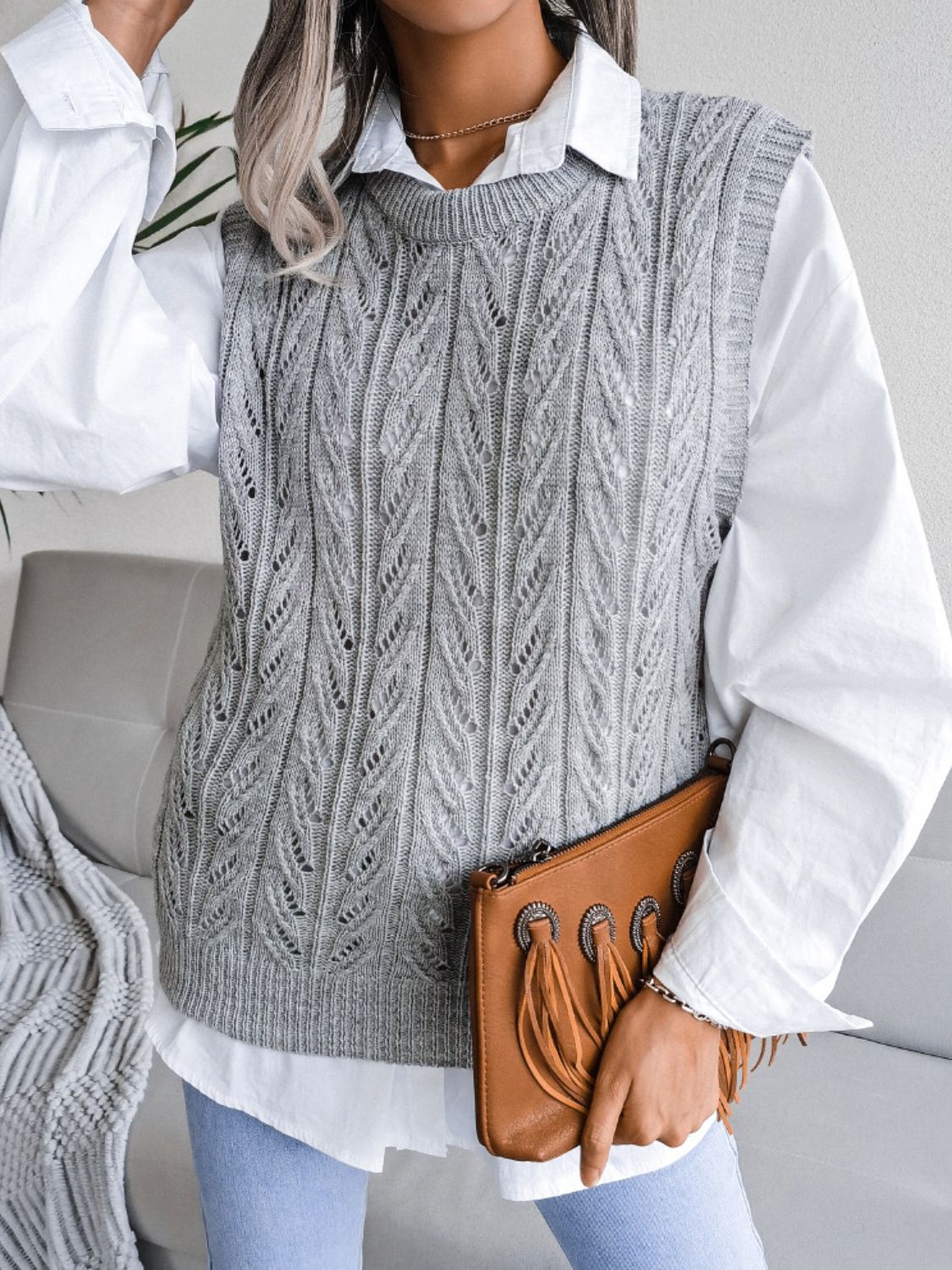 Round Neck Openwork Capped Sleeve Sweater Vest - Ryzela