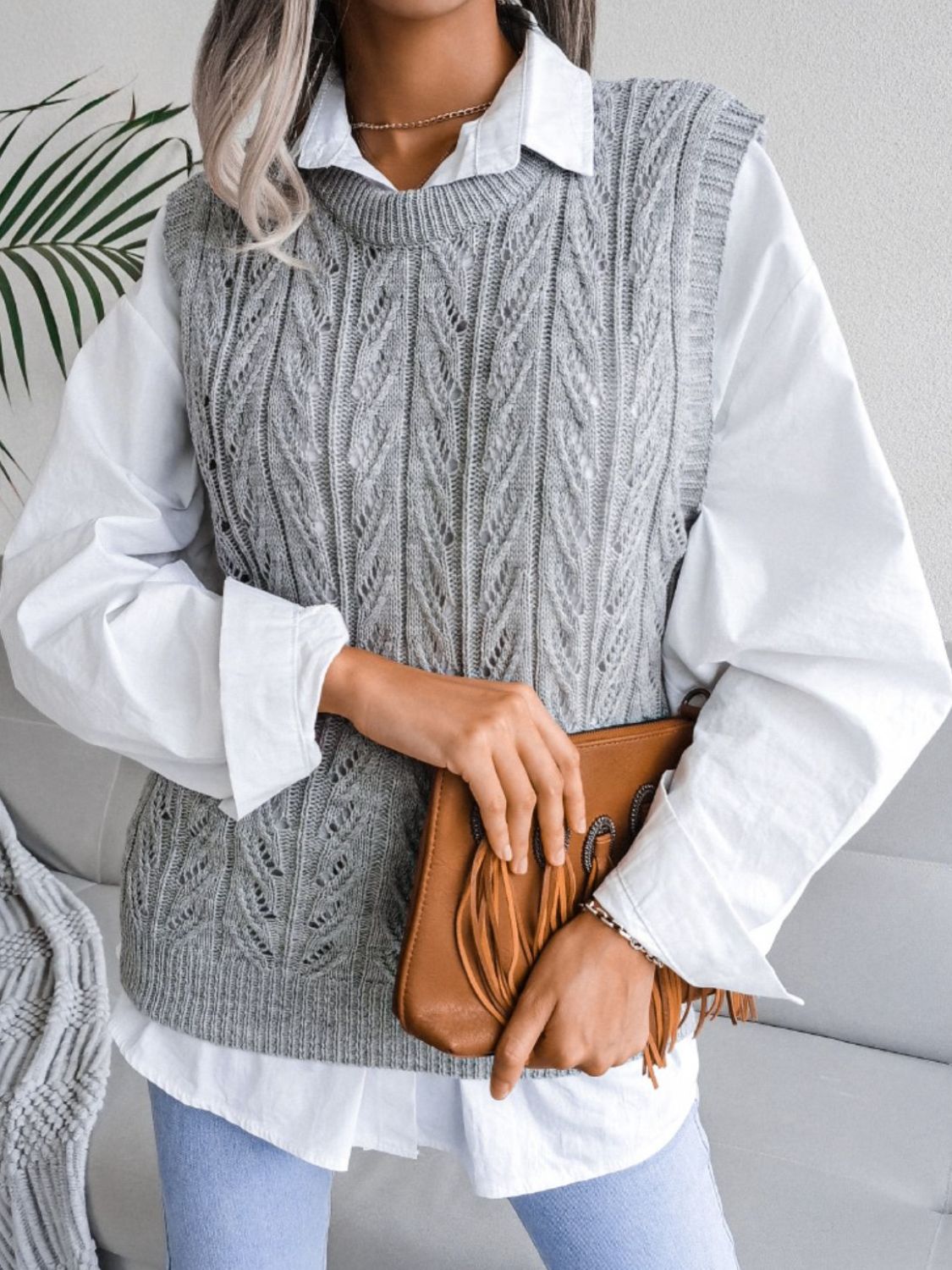 Round Neck Openwork Capped Sleeve Sweater Vest - Ryzela