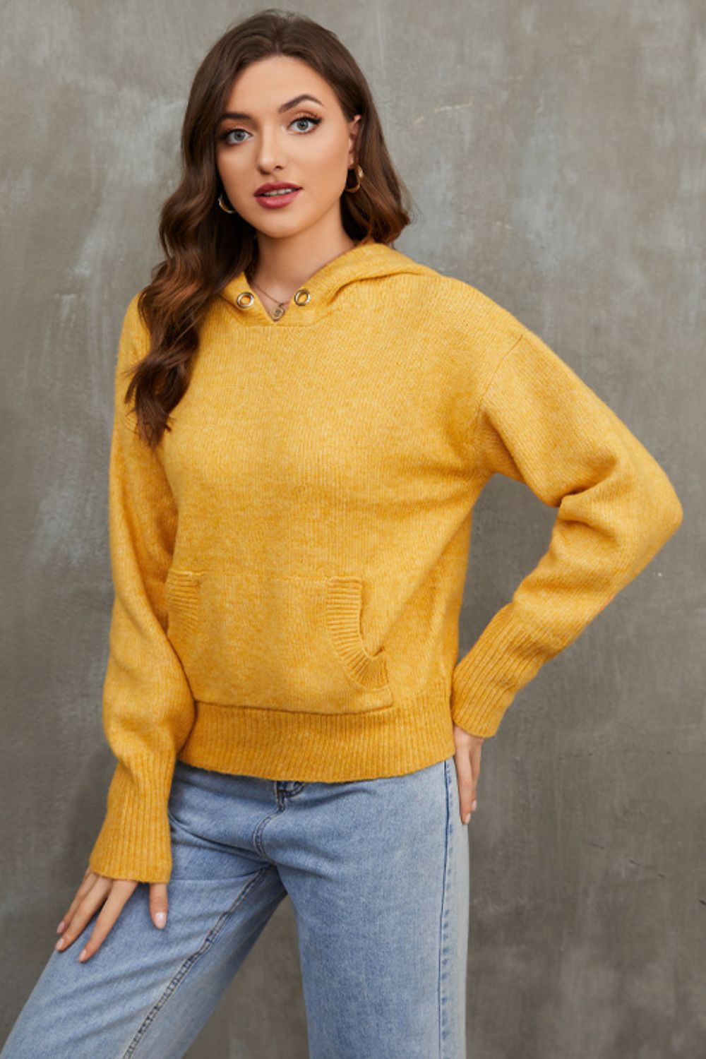 Drop Shoulder Hooded Sweater with Kangaroo Pocket  Trendsi Yellow S 
