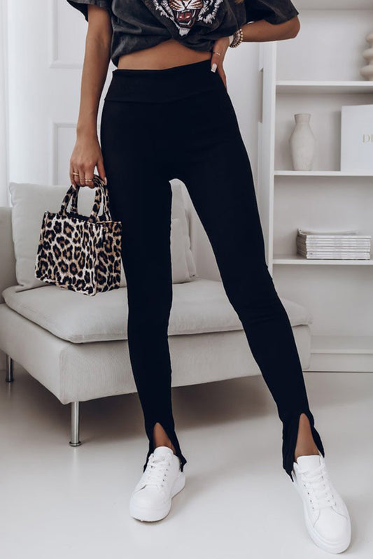 High Waist Ribbed Slit Leggings - Ryzela