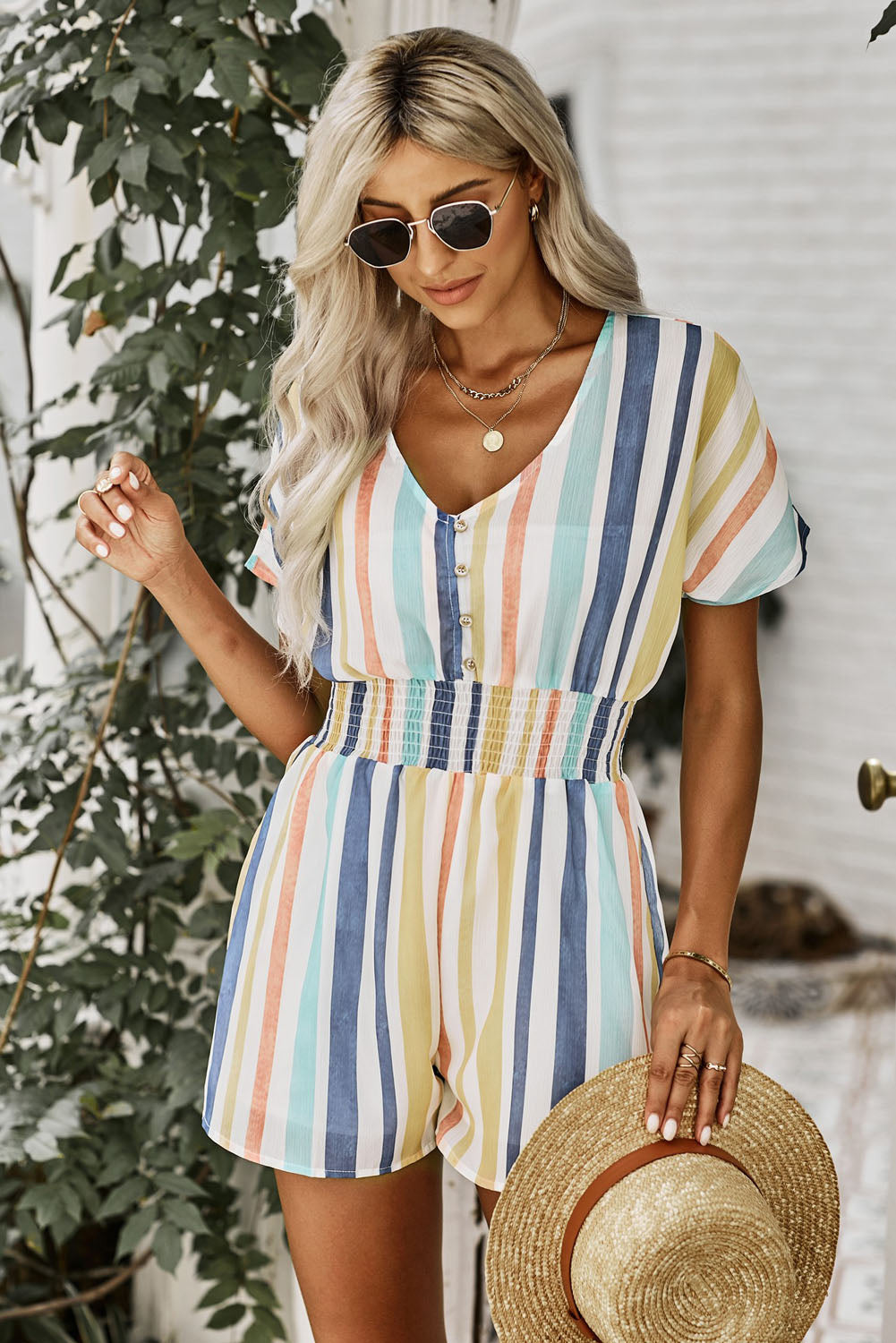 Multicolored Stripe V-Neck Smocked Waist Romper - Ryzela