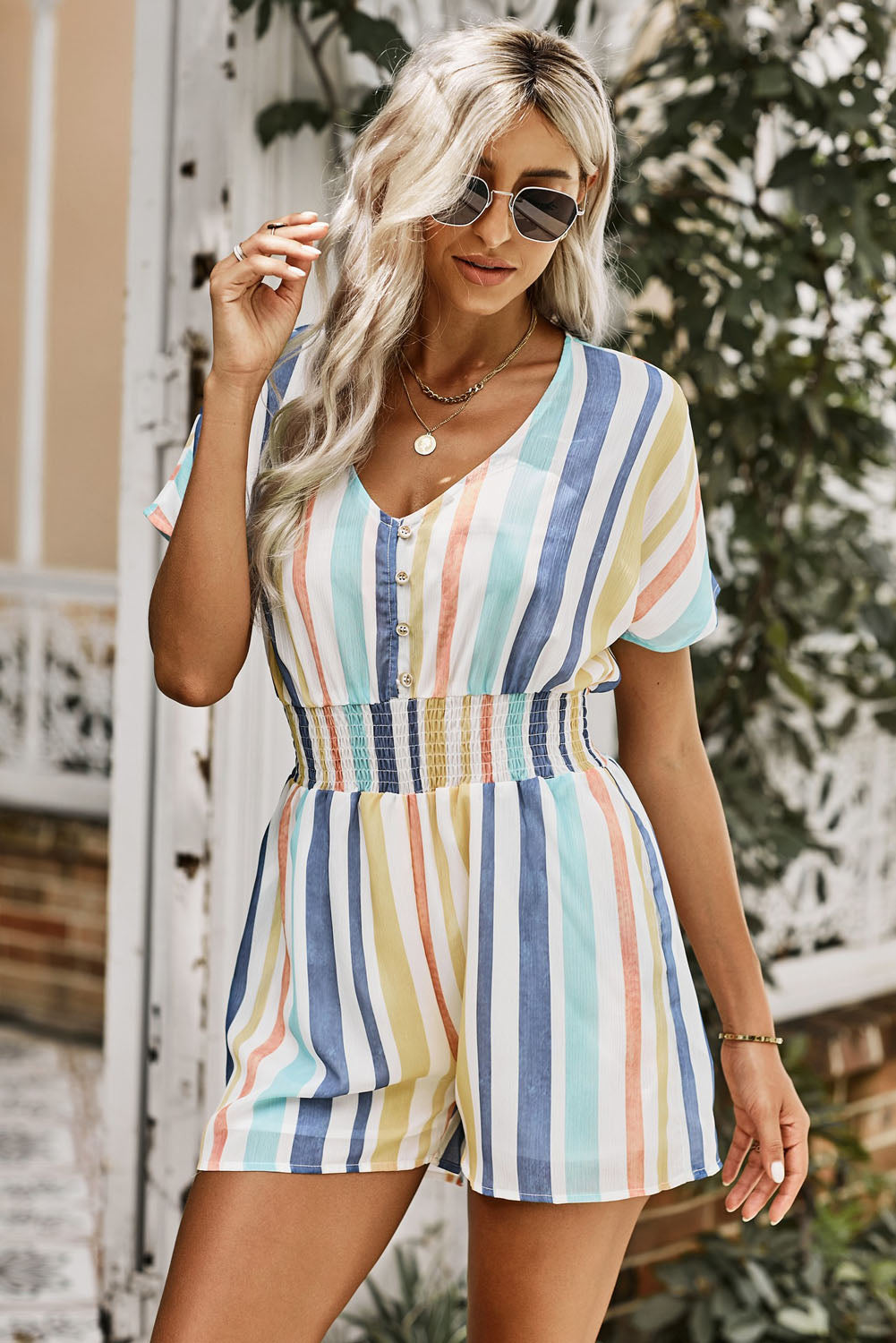 Multicolored Stripe V-Neck Smocked Waist Romper - Ryzela