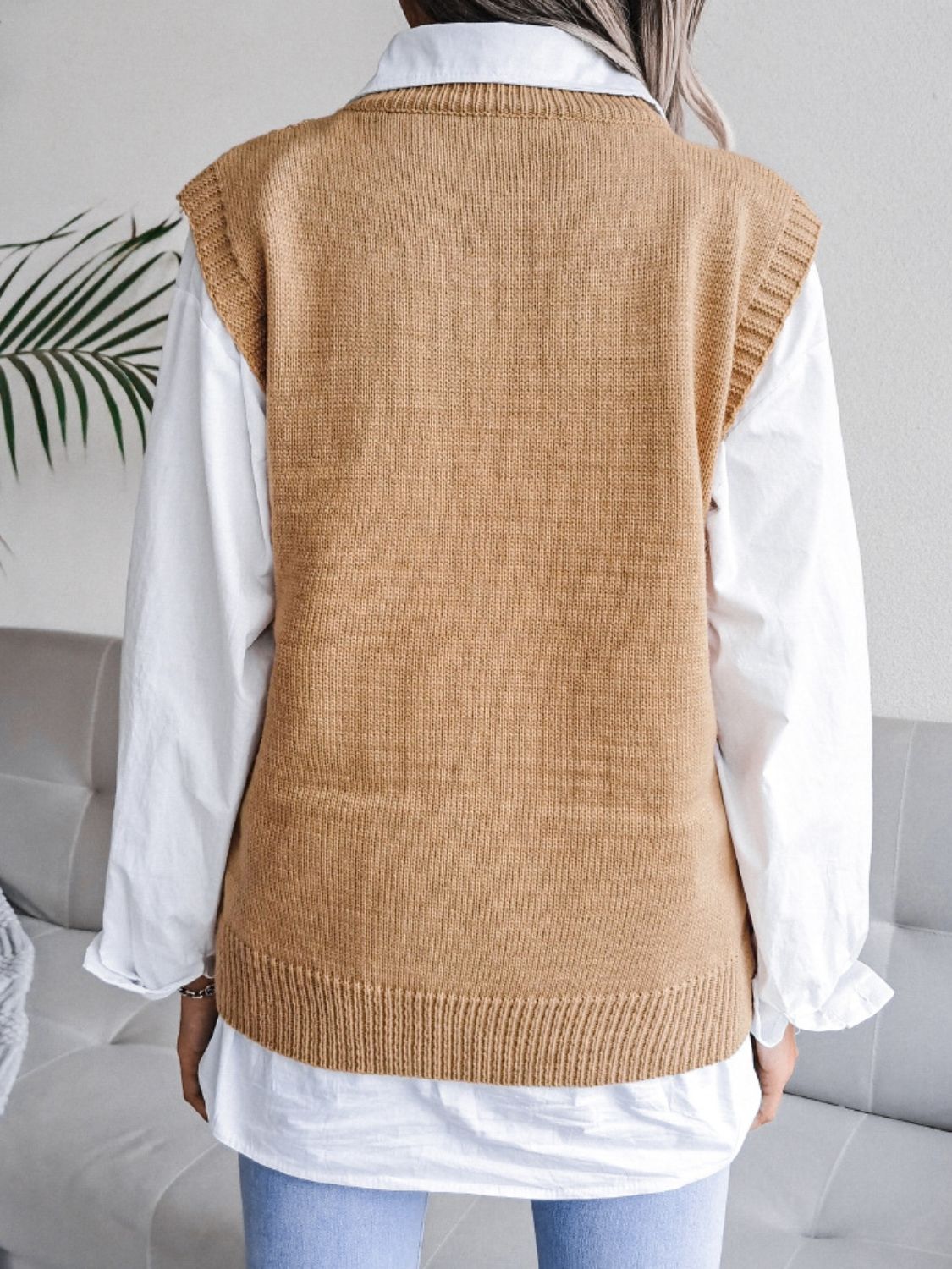 Round Neck Openwork Capped Sleeve Sweater Vest - Ryzela