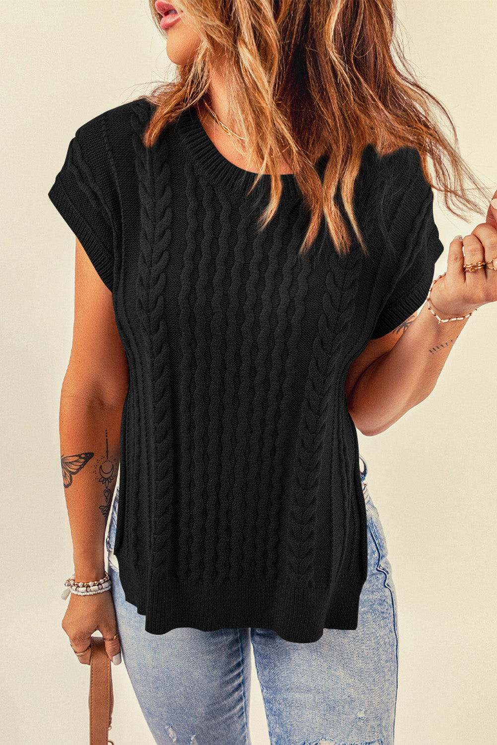 Cable-Knit Side Slit Sweater Vest - Ryzela