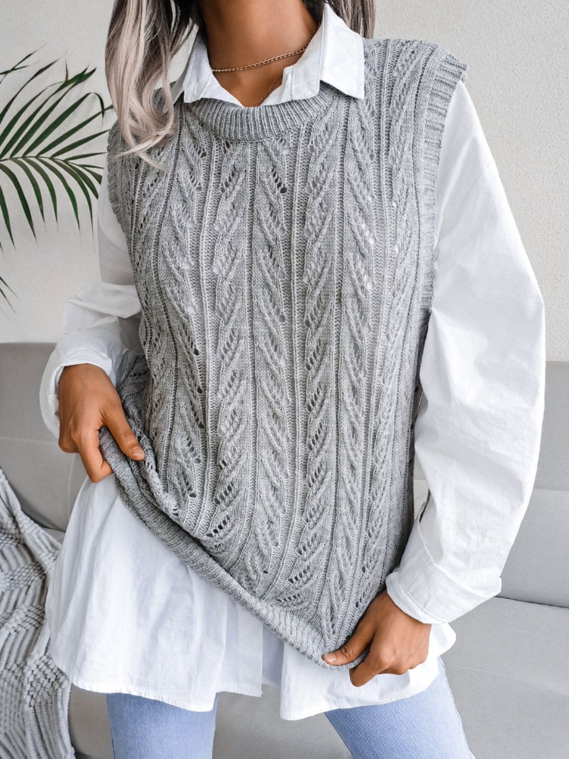 Round Neck Openwork Capped Sleeve Sweater Vest - Ryzela