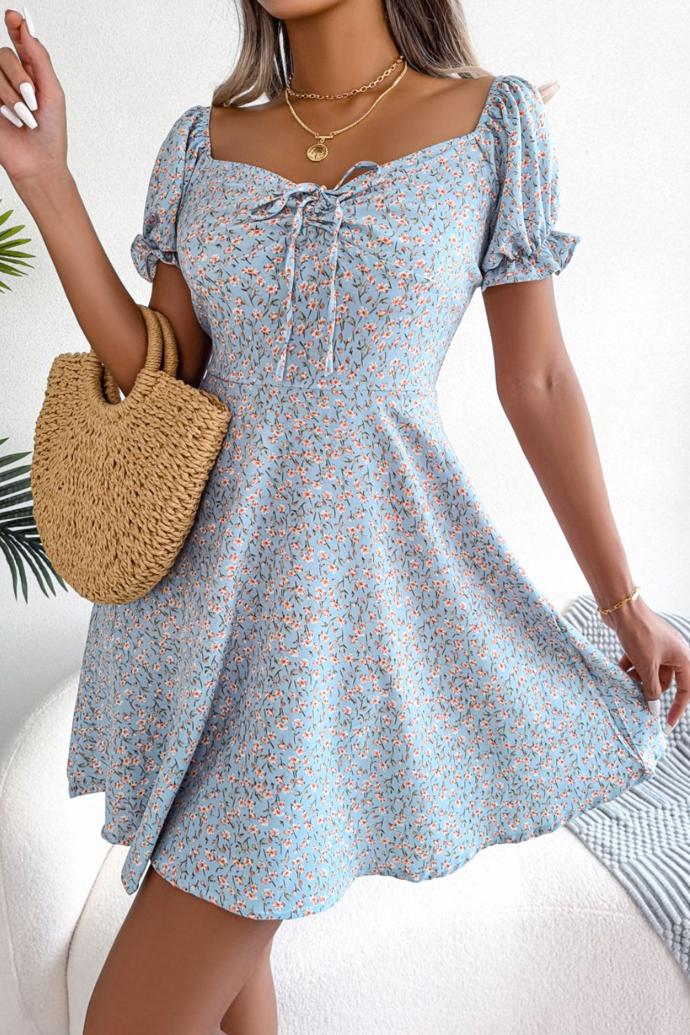 Ditsy Floral Drawstring A-Line Dress - Ryzela