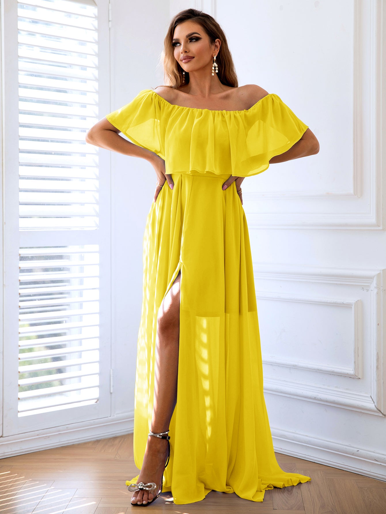 Off-Shoulder Layered Split Maxi Dress - Ryzela