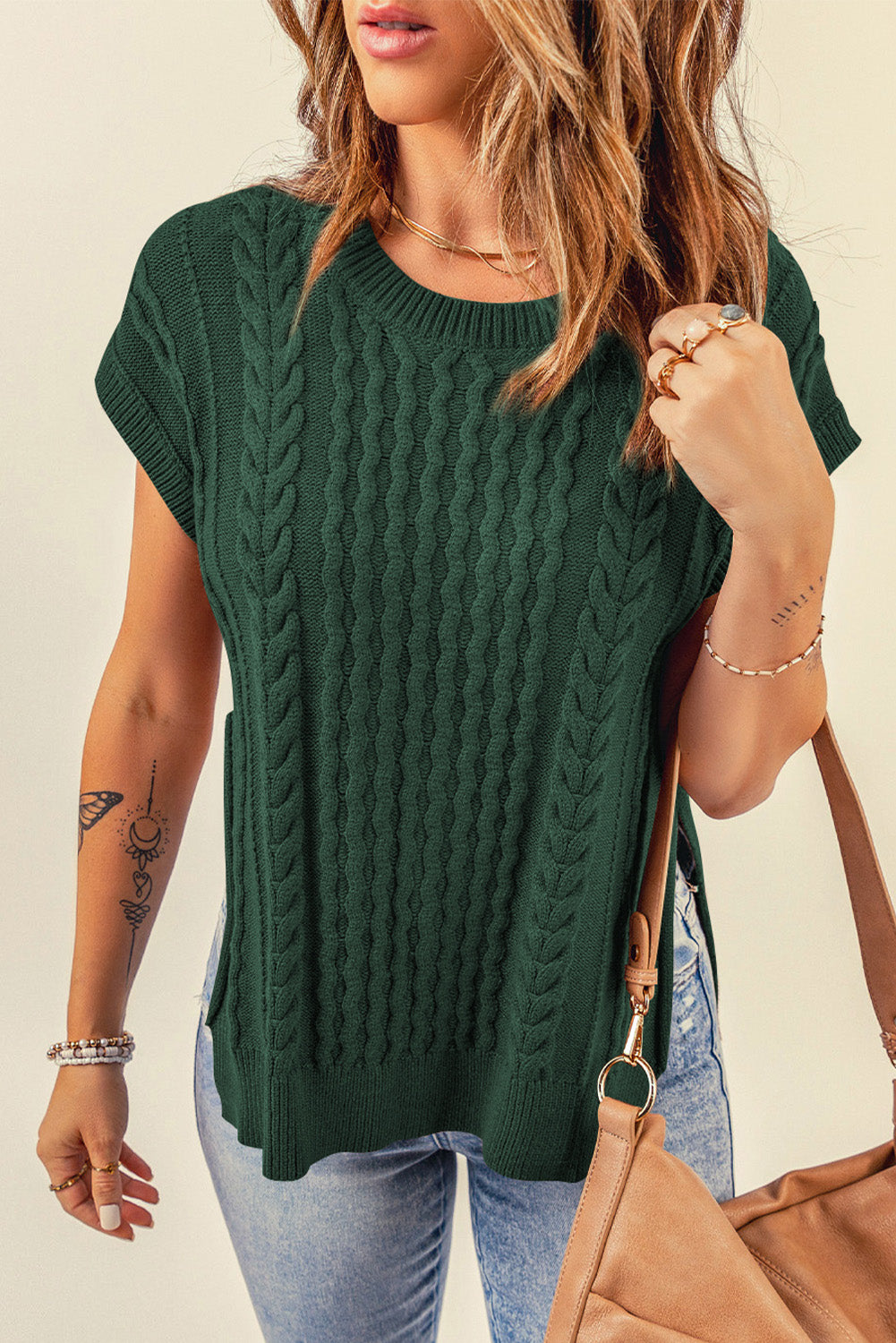 Cable-Knit Side Slit Sweater Vest - Ryzela