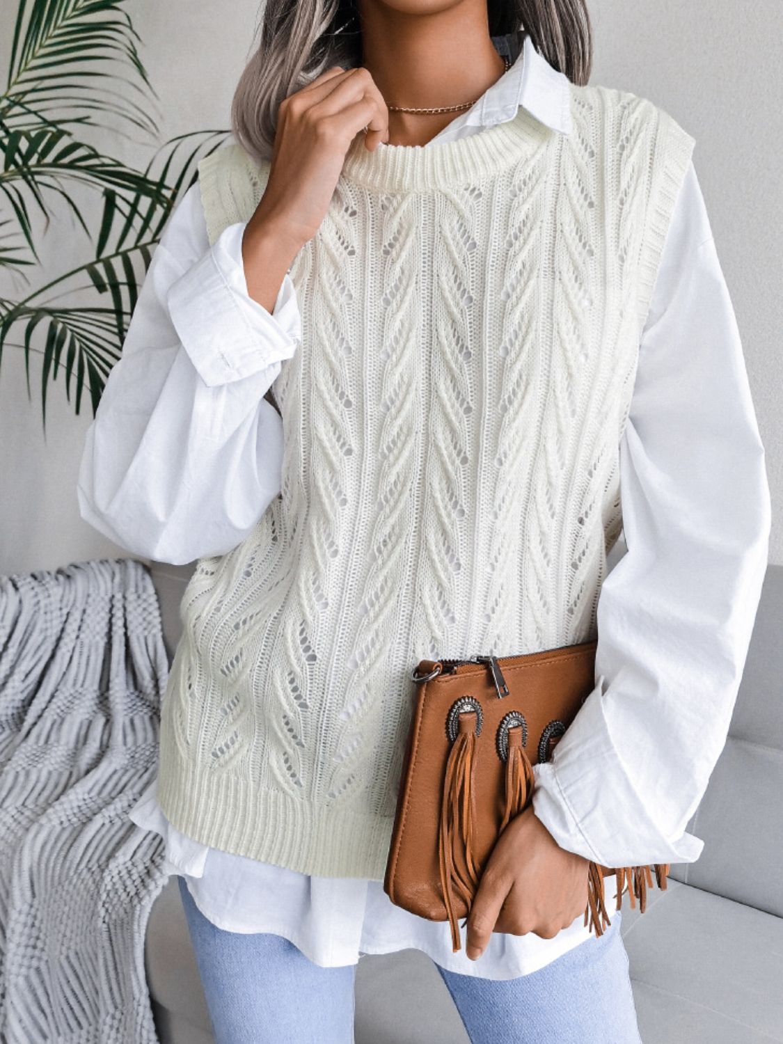 Round Neck Openwork Capped Sleeve Sweater Vest - Ryzela