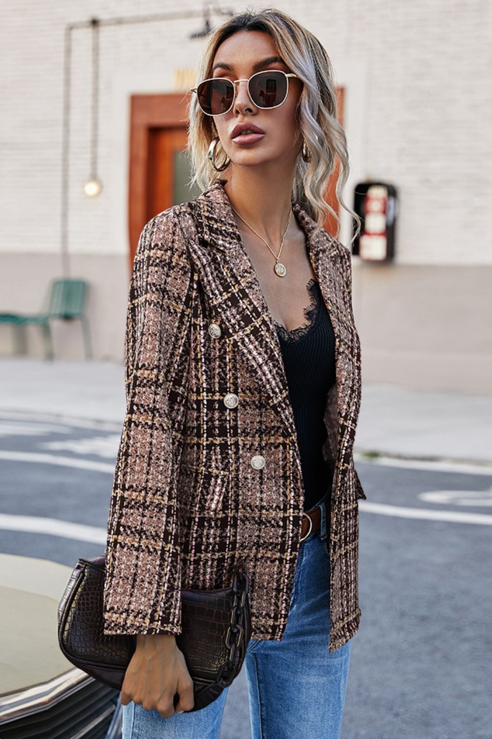 Full Size Plaid Buttoned Blazer - Ryzela