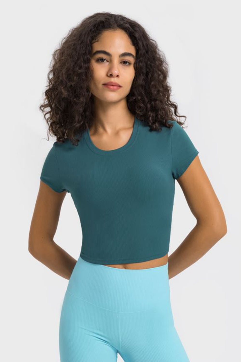 Round Neck Short Sleeve Cropped Sports T-Shirt  Trendsi Teal 4 