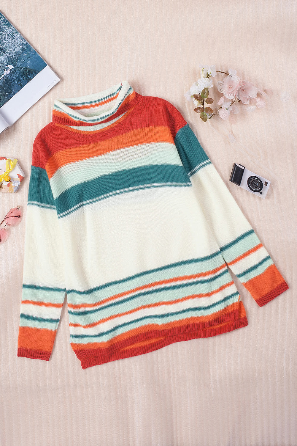 Striped Turtleneck Drop Shoulder Sweater  Trendsi   