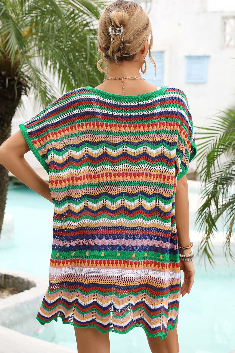 Rainbow Stripe Scalloped V-Neck Cover-Up Dress - Ryzela