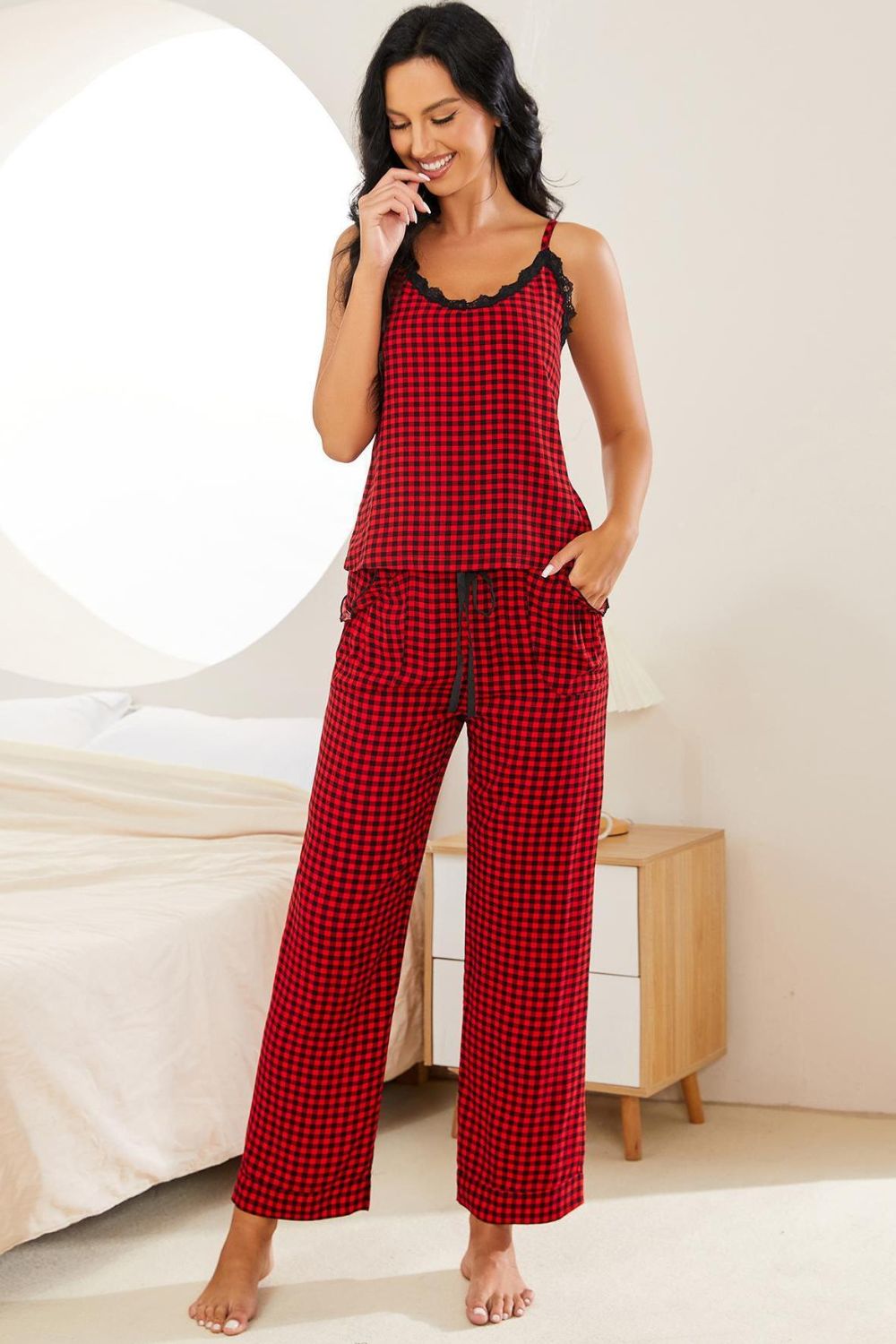 Plaid Lace Trim Cami and Drawstring Pants Pajama Set - Ryzela