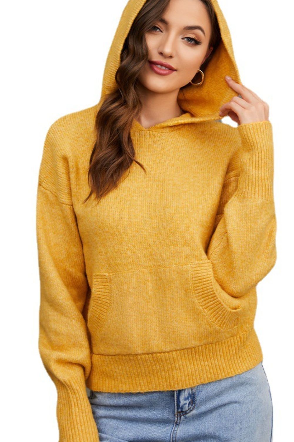 Drop Shoulder Hooded Sweater with Kangaroo Pocket  Trendsi   